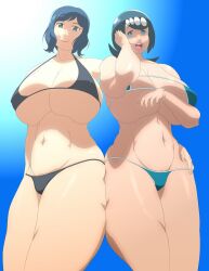 2girls big_breasts bikini blue_eyes blue_hair breasts female female_only freckles gundam gundam_build_fighters hair_ornament iori_rinko lana's_mother_(pokemon) mature mature_female milf mob_face navel pokemon pokemon_sm suphesol tied_hair wide_hips