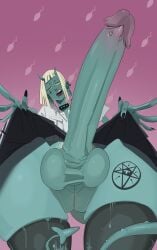 1dickgirl 1futa balls balls_under_clothes bangs big_penis blonde_hair blue-skinned_futanari blue_skin bottomless bottomless_skirt clothed clothing demon dickgirl erection erection_under_clothes erection_under_skirt focus_on_penis futa_only futa_sans_pussy futanari honeybread horn humanoid humanoid_penis intersex looking_down low-angle_view mostly_clothed oni penis penis_out penis_under_clothes penis_under_skirt perineum skindentation skirt solo sperm_cell standing tagme taint thigh_gap thighhighs upskirt