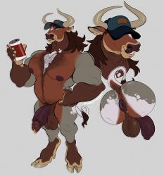 anthro anus balls beverage_can biceps big_balls big_pecs body_hair bovid bovine butt_hair cattle chest_hair cloven_hooves curved_horn erection genital_piercing genitals guiche_piercing happy_trail hi_res hooves horn humanoid_genitalia humanoid_penis igiveyoulemons male male_only mammal manly musclegut muscular muscular_anthro muscular_male overweight overweight_anthro overweight_male pecs penis penis_piercing piercing prince_albert_piercing puffy_anus solo standing trucker_hat