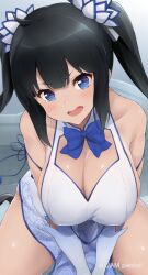 1girls big_breasts black_hair blue_eyes blush clothed dungeon_ni_deai_wo_motomeru_no_wa_machigatteiru_darou_ka female hestia_(danmachi) jampen nipple_bulge solo tagme twintails