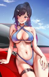 1girls 2020s 2022 2d anime_style asymmetrical_hair belly bikini black_hair breasts car erina_(ganbaride) female female_only foxy_rain_(foxyreine) foxyrain_(foxyreine) foxyreine hips huge_breasts licking_lips long_hair looking_at_viewer multicolored_hair naughty_face original original_character ponytail purple_eyes purple_highlights sitting_on_car skindentation slim_waist smile solo thick_thighs thigh_strap thighs wide_hips