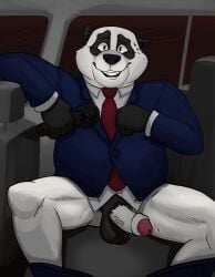 1boy anthro bodily_fluids car character_request clothing disney erection foreskin genitals giant_panda hi_res lewd_latte male male_only mammal medium_truck microphone penis solo suit sweat truck_(vehicle) ursid van vehicle zootopia