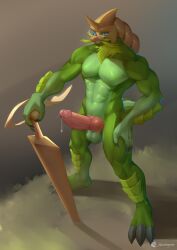 2021 abs anthro balls balthazar_haxter beard bodily_fluids claws colored erection eyewear facial_hair genital_fluids genitals glasses green_balls green_body hair inkudoragoon knot looking_at_viewer male melee_weapon muscular muscular_anthro muscular_male nintendo nippleless no_nipples nude penis pink_penis pokémon_(species) pokemon precum samurott signature solo solo_male sword toe_claws video_games weapon