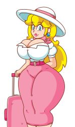 :3 alternate_breast_size big_breasts blonde_hair blue_eyes boob_window breasts clothed clothed_female curvy daisy-pink71 earrings female female_focus female_only fully_clothed huge_ass huge_breasts human large_breasts lipstick long_hair looking_at_viewer mario_(series) nintendo princess princess_peach revealing_clothes royalty scarf solo suitcase sunhat super_mario_odyssey thick_thighs thin_waist tight_clothing tight_shirt tight_skirt voluptuous wide_hips