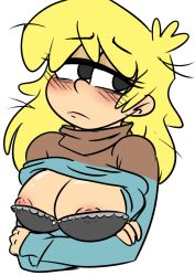 1girls areola areolae big_breasts blonde_hair blush bra breasts female female_focus female_only inbred loan_loud messy_hair nipples oc original_character pout puppyface shirt_lift shirt_up solo the_loud_house