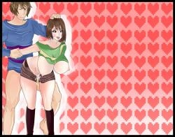 1boy 1girls ahe_gao artist_request brown_hair chara closed_eyes cum_in_pussy female frisk hair_grab hearts male male/female male_penetrating_female muscular_male penetration red_eyes rosy_cheeks sex straight tagme undertale