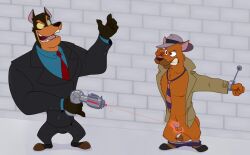 2boys ace_hart anthro baron_von_rottweiler black_fur brown_fur canine dog_city fedora furry male male_only necktie neenya ray_gun shrink_ray shrinking suit