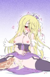 blonde_hair blush dress eye_through_hair female_focus garter_belt hat inasaki_shirau large_breasts pandora_(p&d) puzzle_&_dragons spread_legs very_long_hair