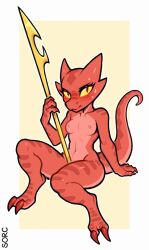 2_toes anthro blush bodily_fluids breasts claws exposed_breasts feet female kobold looking_at_viewer melee_weapon mouth_closed nipples nude polearm red_body red_eyes scalie simple_background sitting solo sorc sorcerushorserus spear sweat toes tsundere weapon yellow_sclera