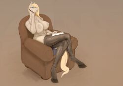 anthro blonde_hair blue_eyes equid equine female glasses keeltheequine notepad pen sofa solo