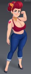 1girls arm_tattoo big_breasts brawl_stars cleavage clothed clothing female female_focus female_only heart_tattoo huge_breasts light-skinned_female light_skin looking_at_viewer pam_(brawl_stars) red_hair rocner tattoo thick_thighs voluptuous wide_hips