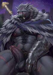 absurd_res adios anthro armor balls blaidd_(elden_ring) bodily_fluids body_hair canid canine canis cape chest_hair clothing elden_ring facial_scar fromsoftware fur gauntlets genital_fluids genitals gloves handwear hi_res humanoid_genitalia humanoid_penis male male_focus male_only male_solo mammal muscular muscular_anthro muscular_male nipples penis precum pubes scar solo solo_male video_games weapon wolf