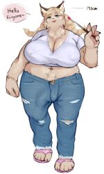 5_fingers 5_toes anthro arm_tattoo arm_tuft balls_outline big_breasts biped black_ears black_nose blonde_hair blue_eyes bodily_fluids bottomwear braided_hair braided_pigtails breasts bulge cheek_tuft claws cleavage clothed clothing colored crop_top crotch_tuft denim denim_clothing detailed_bulge dialogue digital_media_(artwork) ear_piercing ear_stud ear_tuft english_text eyelashes facial_tuft feet felid feline finger_claws fingers flip_flops fluffy footwear front_view full-length_portrait fully_clothed fur futanari gender_symbol genital_outline glistening glistening_body glistening_fur glistening_hair hair hi_res holding_object huge_breasts inner_ear_fluff intersex intersex_symbol jeans kemono long_hair looking_at_viewer lynx mammal mature_anthro mature_gynomorph mature_intersex measurements metric_unit midriff monotone_body monotone_ears monotone_fur monotone_hair morokko navel navel_piercing neck_tuft nipple_outline number open_mouth overweight overweight_anthro overweight_intersex pants pawpads paws penis_outline piercing pink_clothing pink_footwear pink_pawpads pointer portrait sandals shaded shirt simple_background solo speech_bubble standing sweat sweatdrop symbol talking_to_viewer tan_body tan_fur tan_inner_ear tan_inner_ear_fluff tattoo teacher text toe_claws toes topwear torn_bottomwear torn_clothing torn_jeans torn_pants tuft twintails unit white_background white_clothing white_shirt white_topwear wide_hips