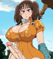 1futa blush breasts brunette busty chimeraindura cleavage cum diane_(nanatsu_no_taizai) futa_only futanari hammer nanatsu_no_taizai nipple_bulge penis purple_eyes tagme twintails veiny_penis voluptuous