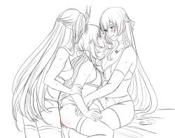 3girls blush eden_(honkai_impact_3rd) elbow_gloves elysia_(honkai_impact) fff_threesome gloves honkai_impact honkai_impact_3rd legwear long_hair mihoyo raiden_mei sketch smile threesome uncolored yasburger yuri