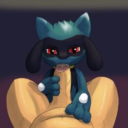 ambiguous_gender anthro big_penis bodily_fluids duo first_person_view foreskin generation_4_pokemon genitals gradient_background hi_res human lewdkitten069 looking_at_viewer male male/ambiguous mammal nintendo oral paws penis pokémon_(species) pokemon pokemon_(species) riolu saliva simple_background size_difference