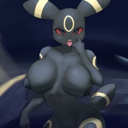 absurd_res anthro big_breasts black_body black_fur black_nipples breasts dark_body eeveelution female fur hi_res mammal nintendo nipples pokémon_(species) pokemon pokemon_(species) pose red_eyes simple_background solo tongue tongue_out umbreon video_games xaren1234