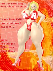 1girls 3d 3d_(artwork) android android_18 android_girl bikini blonde_hair blonde_hair blush blush boreditor busty cheating cheating_wife curvy dialogue dragon_ball dragon_ball_super dragon_ball_z embarrassed female female female_focus female_only flustered high_heels highres light-skinned_female light_skin panties photoshoot red_bikini red_ribbon robot robot_girl robot_humanoid robotic sfm shounen_jump source_filmmaker string_bikini text thick_thighs thighs thong