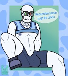 1boy boxers bulge chubby dr_skele glasses heterochromia male male_only nervous nipples pecs skeleton spanish_text text the_ornyrabi77 therabit tight_clothing underwear virtual_youtuber vtuber