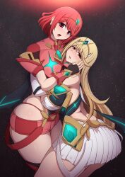 2022 2girls ass bangs blonde_hair breasts clothed clothed_female core_crystal female female_only gold_eyes hair_ornament hi_res hips huge_breasts large_ass long_hair mythra nintendo ponpo pyra red_clothing red_eyes red_hair short_hair simple_background slim_waist swept_bangs thick_thighs thighs tiara white_clothing wide_hips xenoblade_(series) xenoblade_chronicles_2 yuri