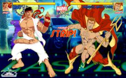 2boys capcom color colored crossover cum daimon_hellstrom dinosaur_prince health_bar human male male_only marvel marvel_comics marvel_vs._capcom multiple_boys muscles muscular muscular_male patrick_fillion ryu_(street_fighter) straight_hair street_fighter uncensored yaoi