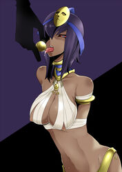 black_hair blue_eyes breasts cofagrigus cosplay costume dark_skin egyptian female human ind-kary jewelry mummy navel necklace nintendo pokemon pokemon_bw red_sclera saliva solo_focus tongue