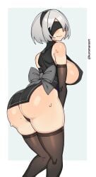 1girls armwear ass big_breasts black_legwear black_thighhighs blindfold blush breasts clothing female female_only hi_res knees_together_feet_apart kuromaruart legs_together looking_at_viewer medium_hair nier:_automata nipple_bulge short_hair sideboob solo stockings thick_ass thick_thighs thighhighs tight_clothing white_hair yorha_2b