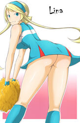 1girls ass bare_shoulders bent_over blonde_hair blue_eyes breasts cheerleader female hairband halterneck heroman kneehighs lina_davis looking_back minidress pom_poms sanchuu solo thighs tied_hair twintails