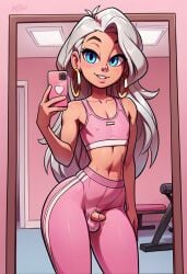 ai_generated androgynous artistatworst erect_penis femboy feminine_male gym_clothes karra penis selfie trap wide_hips