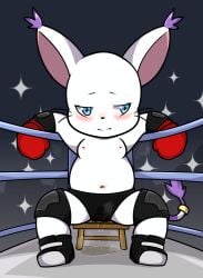 absurd_res anonymous_artist bandai_namco blush bodily_fluids boxing_gloves clothed clothing digimon digimon_(species) female fighting_ring furry gatomon genital_fluids handwear hi_res nipples peeing slightly_chubby solo topless urine wetting wetting_bottomwear