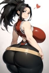 1girls ai_generated big_ass big_breasts big_butt boku_no_hero_academia daidouji_(artist) daidoujipv dumptruck_ass long_hair looking_at_viewer looking_back momo_yaoyorozu my_hero_academia ponytail round_ass round_butt