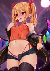 1girls alternate_costume bare_shoulders bat_(animal) black_jacket black_thighhighs blonde_hair blush breasts candy chiroshiron clock clock_tower cloud commentary_request covered_erect_nipples cowboy_shot crop_top fangs female flandre_scarlet food full_moon hair_ribbon highleg highleg_panties highres holding jacket lollipop long_hair looking_at_viewer micro_shorts moon navel night night_sky off_shoulder open_clothes open_fly open_jacket outdoors panties pink_panties pointy_ears polka_dot polka_dot_panties red_eyes red_ribbon ribbon shorts side-tie_panties sky small_breasts smile solo standing sweat tagme thighhighs tongue tongue_out touhou tower twintails underwear wings