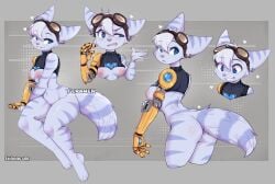 1girls animal_ears anthro areolae ass blue_eyes breasts drooling earrings female female_only fur furry furry_tail glasses_on_head heart hi_res light_blush lombax mostly_nude nipples ratchet_and_clank ratchet_and_clank:_rift_apart rivet_(ratchet_and_clank) robotic_arm smiling solo sony_interactive_entertainment tail teeth_clenched teranen watermark