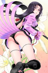 black_hair black_panties boots clothing female flower hi_res ki_(pixiv239687) long_hair looking_back medium_breasts oichi_(sengoku_basara) panties purple_eyes sengoku_basara skirt thighs underwear