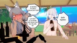 adopted_son adoptive_mother alcohol alcoholic_drink aotrom_(pr0x3r) beach beer bikini blush breasts brown_skin caption dark_skinned_female dorcha_(pr0x3r) drinking drunk drunk_bubble excited_look female flirting gray_hair happy_look huge_breasts humanoid_mother_humanoid_son imminent_incest imminent_interracial imminent_sex incest interracial_incest interspecies intoxicated long_hair milf mother_and_son multicolored_hair painted_nails pr0x3r seductive seductive_eyes seductive_look seductive_smile speech_bubble sweating wet white_skin white_skinned_male wolf_mother_lamb_son