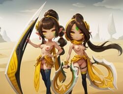 2girls ai_generated brown_hair brown_hair_female desert face_paint medium_breasts melissa_(summoners_war) nipples pointy_ears pussy summoners_war twins yellow_eyes zenobia_(summoners_war)