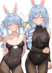 annoyed blue_hair blush blushing bunny_ears bunny_girl bunnysuit carrot clothed hololive hololive_fantasy hololive_japan mother mother_and_daughter pekomama pepq standing two_tone_hair usada_pekora virtual_youtuber