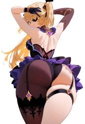 1girls ai_generated ayalie blonde_hair bottom_heavy dat_ass dress eyepatch fischl_(genshin_impact) from_behind genshin_impact green_eyes huge_ass pantyhose solo