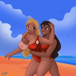 2girls beach big_ass big_breasts black_hair blonde_hair breast_grab brown_skin disney disney_channel large_ass large_breasts lifeguard_(lilo_and_stitch) lilo_and_stitch multiple_girls nani_pelekai nipples swimsuit thick_thighs tiltedgiraffe wide_hips