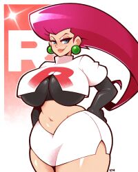 1girls big_breasts blue_eyes curvy earrings female female_only fully_clothed gloves huge_breasts jessie_(pokemon) large_breasts legendofnerd long_hair midriff navel pokemon red_hair shirt skirt solo solo_female stomach thick thick_thighs underboob voluptuous voluptuous_female wide_hips