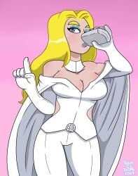 1girls blonde_hair blue_eyes blue_eyeshadow dopeisnukat drinking emma_frost female flask large_breasts marvel marvel_comics sfw white_outfit x-men x-men:_the_animated_series x-men_97