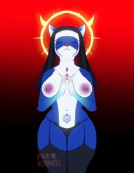 absurd_res anthro big_breasts breasts canid canine clothed clothing colored_nails curvy_female curvy_figure digital_media_(artwork) ear_piercing ear_ring female fox furkyuu hi_res mammal nails nipple_piercing nipples nun nun_outfit partially_clothed piercing religion religious_clothing ring_piercing simple_background slightly_chubby solo thick_thighs wide_hips