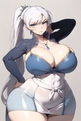 1girls ai_generated annoyed big_ass blue_eyes breasts cleavage daidouji_(artist) female female_only gigantic_breasts huge_breasts looking_at_viewer rwby serious silver_hair solo solo_female tagme vale_outfit voluptuous weiss_schnee weiss_schnee_(vale) wide_hips