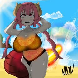 1girls arms_behind_head beach big_ass bikini black_bikini black_string_bikini blue_sky blush cleavage cloud clouds color colored complex_background dragon_girl dragon_horns dragon_tail eproctophillia fart fart_fetish female female_focus female_only fire_fart huge_breasts hyper_fart ilulu ilulu_(dragon_maid) ilulu_(maidragon) imminent_fart laser_beam long_tail long_twintails looking_at_viewer looking_pleasured miss_kobayashi's_dragon_maid ocean one_eye_closed red_eyes red_hair relieved sharp_teeth short_hair shortstack signature smile smiling sun sweat sweating thick_thighs thighs two_piece_swimsuit unusual_fart