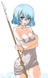 1girls bare_shoulders berserk blue_eyes blue_hair blush bob_cut body_blush breast_hold breasts collarbone crossed_arms dress dripping embarrassed female freckles harpoon humanoid isma light-skinned_female light_skin looking_at_viewer mermaid nipple_slip nipples off_shoulder open_mouth polearm robina rope shiny_skin short_hair shy simple_background solo spear standing thighs water weapon wet_clothes white_background