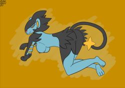 all_fours anthro black_fur blue_fur breasts brokenrekordbro feline female female_only furry hi_res knees looking_at_viewer luxray nipples pokémon_(species) pokemon pokemon_(species) pussy tagme tail