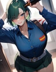 1girls ai_generated aoshidan_school_uniform belt big_breasts bimbo blue_division blue_eyes blue_skin división_azul division_azul female girls_und_panzer green_hair green_skirt seductive seductive_look seductive_smile spanish spanish_civil_war spanish_flag tetillas_(artist)