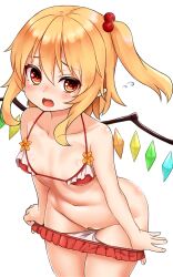 bandaid bandaid_on_pussy bikini bikini_pull blonde_hair chiroshiron clothes_pull commentary_request cowboy_shot crystal female flandre_scarlet flying_sweatdrops groin hair_between_eyes hair_bobbles hair_ornament highres looking_at_viewer navel no_headwear one_side_up open_mouth pointy_ears pulled_by_self red_bikini red_eyes short_hair sidelocks simple_background solo standing stomach swimsuit thighs touhou white_background wings