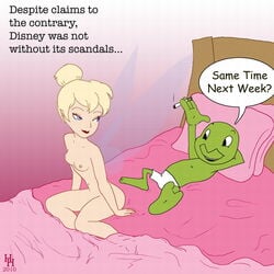 anthro bed breasts cricket disney disney_fairies english_text fairy female jiminy_cricket lying male nipples nude on_back on_bed peter_pan_(disney) pinocchio questionable-intent sitting tagme tinker_bell toony topless