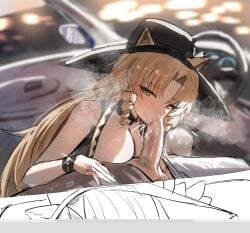 1boy 1girls animal_ears arknights bison_(arknights) black_hat black_one-piece_swimsuit blurry blurry_background blush breasts breath car car_blowjob car_interior car_sex censored cleavage commentary drill_hair drill_sidelocks ears_through_headwear erection eyelashes fellatio female green_eyes green_nails hat horn/wood large_breasts light_brown_hair long_hair looking_at_viewer mosaic_censoring motor_vehicle nail_polish one-piece_swimsuit oral parted_bangs penis road_head sidelocks solo_focus sparkle straight stray_pubic_hair sweat swimsuit swire_(arknights) swire_the_elegant_wit_(arknights) tiger_ears tiger_girl upper_body wrist_cuffs